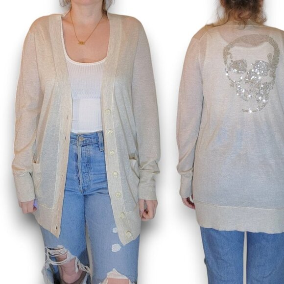 360 Sweater Sweaters - 360SWEATER Sequin Skull Cardigan Cream Silver V neck Long Sleeve Women Size M
